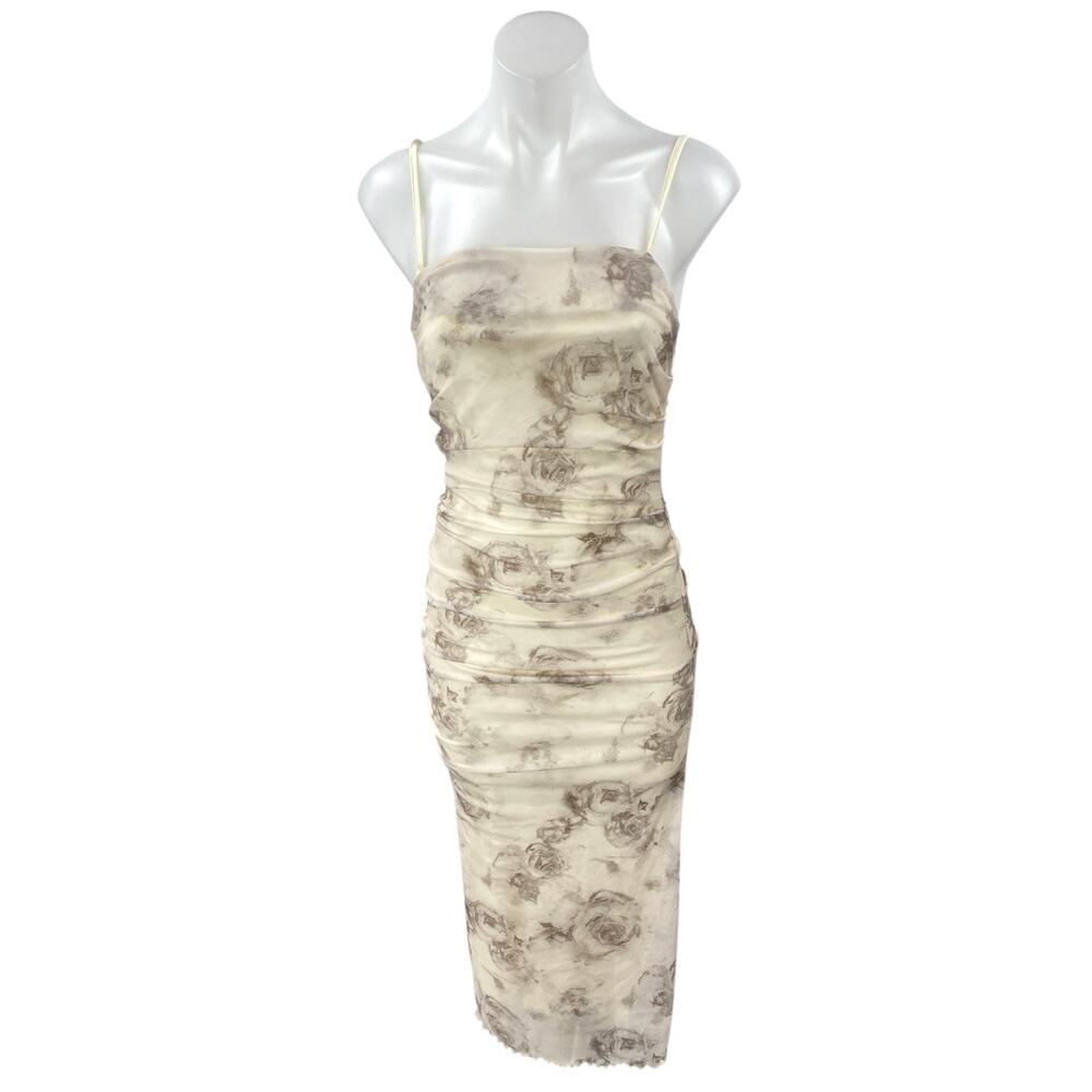 NEW Commense Cream Floral Ruched Sleeveless Cami Camsole Bodycon Tank Dress S